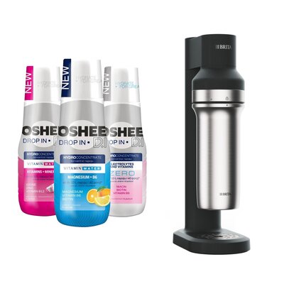 Saturator BRITA Sodatrio Czarny + Hydrokoncentrat OSHEE Witaminy i minerały 500 ml + Hydrokoncentrat OSHEE Zero elektrolity i witaminy 500 ml + Hydrokoncentrat OSHEE Magnez + B6 Cytryna i Pomarańcza 500 ml
