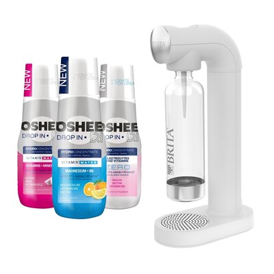 Saturator BRITA SodaOne Biały + Hydrokoncentrat OSHEE Witaminy i minerały 500 ml + Hydrokoncentrat OSHEE Zero elektrolity i witaminy 500 ml + Hydrokoncentrat OSHEE Magnez + B6 Cytryna i Pomarańcza 500 ml