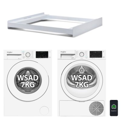 Pralka WHIRLPOOL Slim WAM762WPL 7kg 1200obr HomeWhiz FreshCare+ Para + Suszarka WHIRLPOOL CWSD74MWWSPL Slim 47cm 7kg AI AdaptiveDry Pompa ciepła + Łącznik MELICONI Base Torre Slim L45