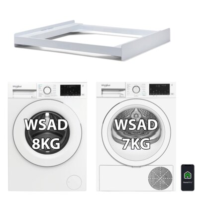 Pralka WHIRLPOOL WAM87WPL 8kg 1400obr AI AdaptiveWash SteamRefresh HomeWhiz + Suszarka WHIRLPOOL C WSD 74M WWS PL Slim 47cm 7kg AI AdaptiveDry Pompa ciepła + Łącznik MELICONI Base Torre Slim L45