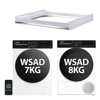 Pralka WHIRLPOOL Slim WAM764WKBCPL 7kg 1400obr HomeWhiz FreshCare+ Para + Suszarka WHIRLPOOL MXWSD83MWBSPL Slim 47cm 8kg 6. Zmysł Program szybki 30' + Łącznik MELICONI Base Torre Slim L45