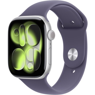 Apple Watch 11 GPS 46mm koperta z aluminium (srebrny) + pasek sportowy rozmiar S/M (mleczny fiolet)