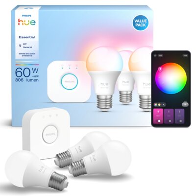 Inteligentna żarówka LED PHILIPS HUE 929004235411 E27 8W Bluetooth, ZigBee (3 szt.) + Mostek