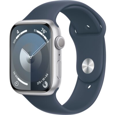 Apple Watch 9 GPS 45mm koperta z aluminium (srebrny) + pasek sportowy S/M (sztormowy błękit) (CPO)
