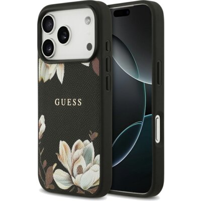 Etui GUESS Grained Flowers Classic Logo MagSafe do Apple iPhone 17 Pro Czarny