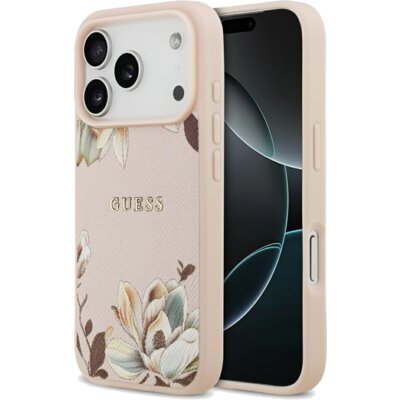 Etui GUESS Grained Flowers Classic Logo MagSafe do Apple iPhone 17 Pro Max Różowy