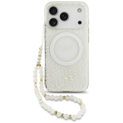 Etui GUESS IML Flowers Electro Pearl Strap MagSafe do Apple iPhone 17 Pro Biały