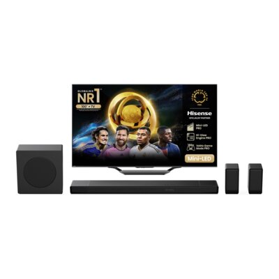 Telewizor HISENSE 55U7NQ 55" MINILED 4K 144Hz VIDAA Full Array Dolby Atmos Dolby Vision HDMI 2.1 + Soundbar HISENSE AX5140Q Czarny 5.1.4-kanałowy, Bezprzewodowy Subwoofer, HDMI eARC, BT, Głośniki Surround, Dolby Atmos