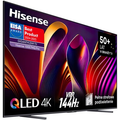 Telewizor HISENSE 100E7NQ Pro 100" QLED 4K 144Hz VIDAA Full Array Dolby Atmos Dolby Vision + Zestaw Kina Domowego HISENSE HT Saturn Czarny 4.1.2-kanałowy, HDMI eARC, Wi-Fi, Bluetooth, Funkcja kalibracji Room Fitting