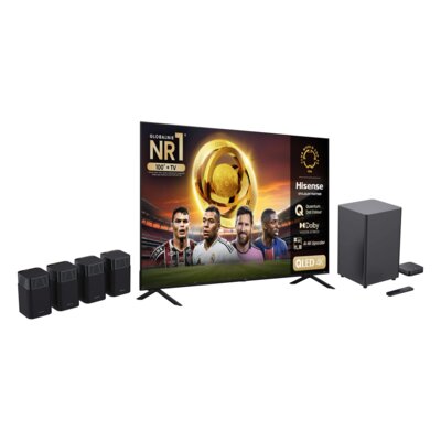 Telewizor HISENSE 100E7NQ Pro 100" QLED 4K 144Hz VIDAA Full Array Dolby Atmos Dolby Vision + Zestaw Kina Domowego HISENSE HT Saturn Czarny 4.1.2-kanałowy, HDMI eARC, Wi-Fi, Bluetooth, Funkcja kalibracji Room Fitting