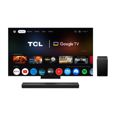 Telewizor TCL 55C7K 55" QD-Mini LED 4K 144Hz Google TV Dolby Vision IQ Dolby Atmos HDMI 2.1 + Soundbar TCL Q65H Czarny 5.1-kanałowy, Bezprzewodowy Subwoofer, 4K HDR, HDMI eARC, BT, Dolby Atmos, DTS:X