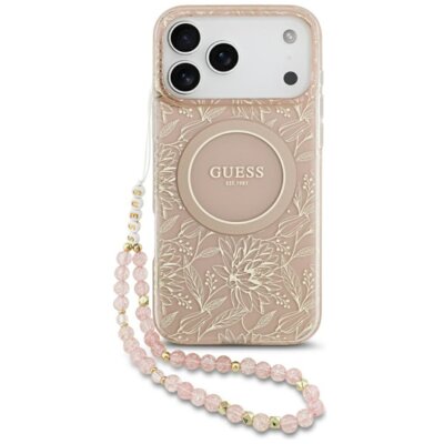 Etui GUESS IML Flowers Electro Pearl Strap MagSafe do Apple iPhone 17 Pro Max Różowy