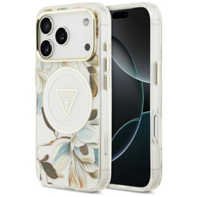 Etui GUESS IML Glitter Flowers Triangle MagSafe do Apple iPhone 17 Pro Biały