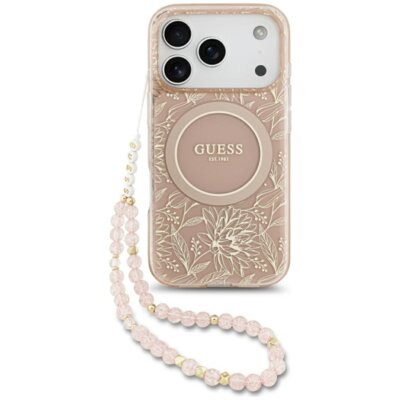 Etui GUESS IML Flowers Electro Pearl Strap MagSafe do Apple iPhone 17 Pro Różowy