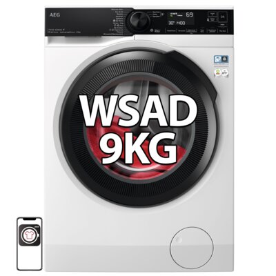Pralka AEG LFR73944OP ProSteam 7000 9kg 1400obr A UniversalDose MyAEG WoolmarkBlue + Suszarka AEG TR838A4CP AbsoluteCare 8000 z pompą ciepła 8kg MixDry SensiDry PreciseDry + Łącznik AEG A1WYHSK2