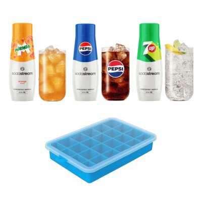Syrop do saturatorów SODASTREAM Mirinda, Pepsi, 7UP 3 x 440 ml + Foremka do lodu CLEANBOTTLE Blue