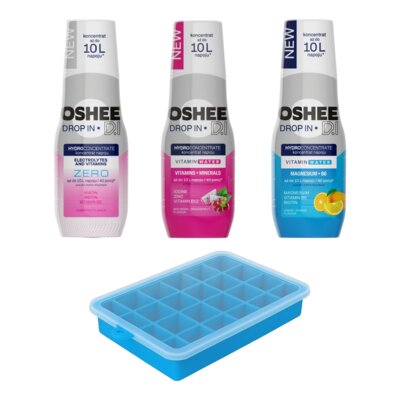 Hydrokoncentrat OSHEE DROP IN Zero elektrolity i witaminy, Witaminy i minerały, Magnez + B6 Cytryna i Pomarańcza 3 x 500 ml + Foremka do lodu CLEANBOTTLE Blue
