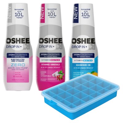 Hydrokoncentrat OSHEE DROP IN Zero elektrolity i witaminy, Witaminy i minerały, Magnez + B6 Cytryna i Pomarańcza 3 x 500 ml + Foremka do lodu CLEANBOTTLE Blue
