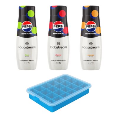 Syrop do saturatorów SODASTREAM Pepsi Zero Cukru Limonka, Pepsi Max Cherry Zero Cukru, Pepsi Zero Cukru Mango 3 x 440 ml + Foremka do lodu CLEANBOTTLE Blue