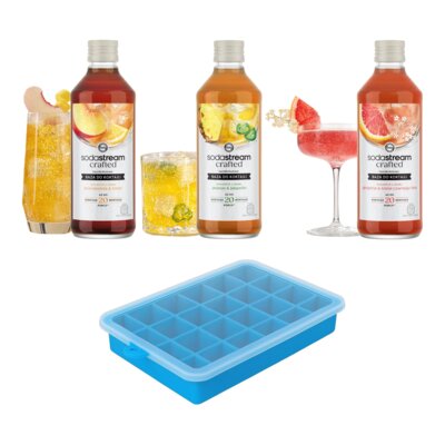 Syrop do saturatorów SODASTREAM Crafted Brzoskwinia i Imbir, Ananas i Jalapeno, Grejpfrut i Kwiat czarnego bzu 3 x 330 ml + Foremka do lodu CLEANBOTTLE Blue