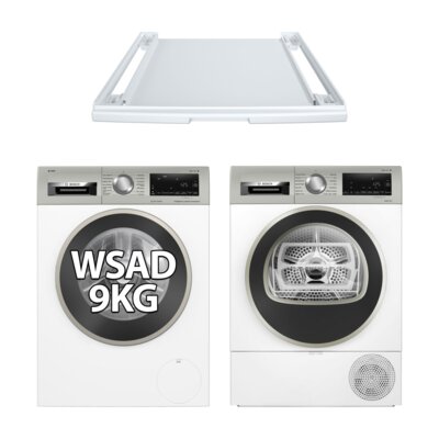 Pralka BOSCH WGG244F8PL seria 6, I-Dos kl.A 9kg 1400 obr EcoSilence Drive AntiStain + Suszarka BOSCH Seria 6 WQG243MSPL z pompą ciepła + Łącznik BOSCH WTZ27400