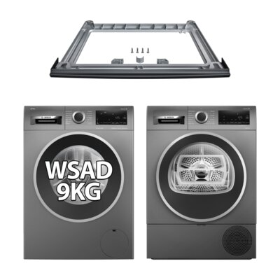 Pralka BOSCH WGG244FRPL 9kg 1400 obr EcoSilence Drive, SpeedPerfect + Suszarka BOSCH Serie 6 WQG243CRPL z pompą ciepła + Łącznik BOSCH WTZ2741C