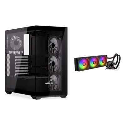 Obudowa KRUX Exo Czarny + Chłodzenie wodne KRUX HydroGlance 360 ARGB LCD Czarny