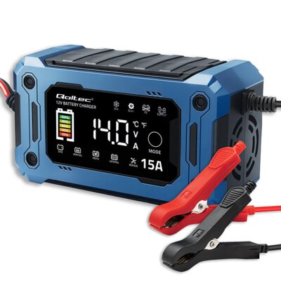 Inteligentna ładowarka QOLTEC 52496 do akumulatorów AGM GEL LIFEPO4 12V 15A LCD