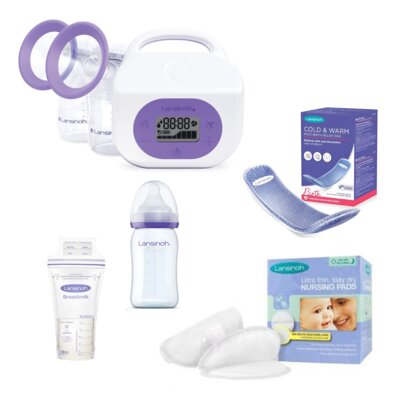 Zestaw LANSINOH Laktator Podwójny elektryczny z zasilaniem akumulatorowym + Butelka mOmma 160 ml + Poporodowa buteleczka do podmywania Pericare 360 ml + Wkładka żelowa poporodowa Pericare 12 szt. + Podpaski poporodowe L (10 szt.) + Wkładki laktacyjne (60 szt.) + Woreczki do przechowywania pokarmu (25 szt.)