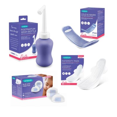 Poporodowa buteleczka do podmywania Pericare 360 ml + Wkładki laktacyjne LANSINOH 11EF-557CF (100 sztuk) + Podpaski poporodowe LANSINOH M (12 szt.) + Wkładka żelowa poporodowa LANSINOH Pericare 12 szt.