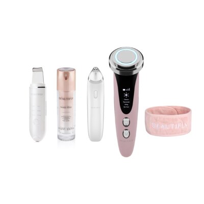 Zestaw BEAUTIFLY Urządzenie do mezoterapii bezigłowej B-Glossy Blush + Urządzenie do peelingu kawitacyjnego Scrub Young 25 kHz + Serum Beauty Elixir 30 ml + Opaska zabiegowa Różowy + Urządzenie do mikrodermabrazji diamentowej B-Derma Basic Biały