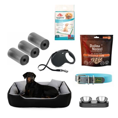 Wyprawka dla psa Legowisko PRESTIGE Ecco M + Smycz FLEXI New Classic S (5 m - 15 kg) + Miska PETKIT Fresh Nano Metal + Mata 8IN1 Training Pads 56 x 56 cm (30 szt.) + Woreczki na odchody FACKELMANN 59914 (60 szt.) + Obroża HUNTER Convenience (28 - 36 cm) + Przysmak DOLINA NOTECI Training Treats Digestive Care 130 g