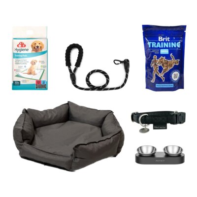 Wyprawka dla psa Legowisko GOGIFT Sześciokąt XXL Antracytowy + Miska PETKIT Fresh Nano Metal + Smycz ZWIERZOPASJA Kobe (300 x 1 cm) + Obroża ZOLUX Mac Leather (43 - 68 cm) + Mata 8IN1 Training Pads 56 x 56 cm (30 sztuk) + Przysmak BRIT Training Snack Puppies 200 g