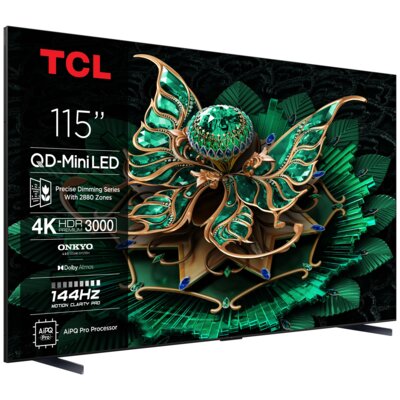Telewizor TCL 115C7K 115" QD-Mini LED 4K 144Hz + Zestaw Stereo TCL Z100E (2szt.) CZ+CZ Google TV Dolby Vision IQ Dolby Atmos HDMI 2.1