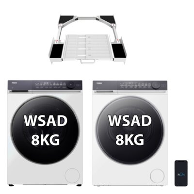 Pralka HAIER X7 SLIM HW80-BD14MEPTU1 8kg 1400 obr/min Smart Dual Spray hOn Smart Dosing + Suszarka HAIER X7 SLIM MHDE80-D367TU1 z pompą ciepła 8kg I-Refresh Ion Air Fresh I-Time hOn Woolmark + Łącznik LIN LI-M102SF z wysuwaną półką