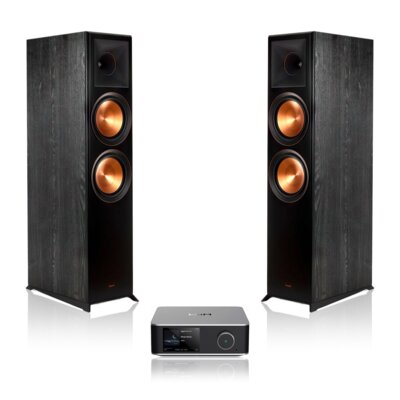 Zestaw stereo WIIM ULTRA AMP + Kolumny podłogowe KLIPSCH RP-8000F (2 szt.) SR+CZ Wi-Fi, HDMI ARC, Spotify, Roon Ready, Ekran dotykowy 3.5”, Equalizer