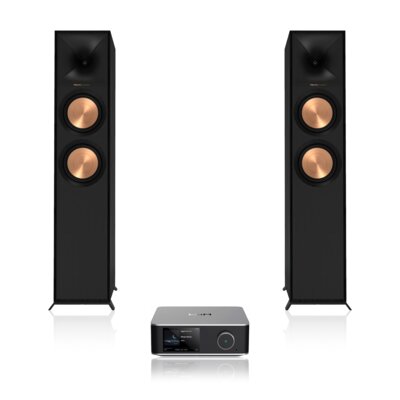 Wzmacniacz zintegrowany/Streamer/Odtwarzacz sieciowy WIIM ULTRA AMP Srebrny, Wi-Fi 6E, Hi-Res Audio, HDMI ARC, Dolby Digital + 2 x Podłogowa kolumna głośnikowa KLIPSCH R-600F Czarna (1 szt.), Obudowa MDF, Typ Bass Reflex, Port Tractrix, Miedziane membrany