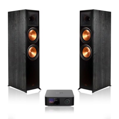 Zestaw stereo WIIM ULTRA AMP + Kolumny podłogowe KLIPSCH RP-8000F (2 szt.) SZARY+CZ Wi-Fi, HDMI ARC, Spotify, Roon Ready, Ekran dotykowy 3.5”, Equalizer
