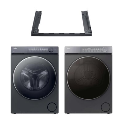 Pralka HAIER X7 HW90-BD14MEPGU1 9kg 1400 obr/min Smart Dual Spray hOn Smart Dosing Polar Gray + Suszarka HAIER X7 MHDE90-C367GU1 z pompą ciepła 9kg I-Refresh Ion AirFresh Gray + Łącznik HAIER HASTKX579A Antracyt