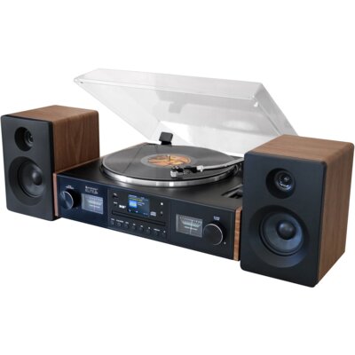 Wieża z gramofonem SOUNDMASTER Elite PL920 Czarno-Drewniana, Odtw.CD/-R/-RW, Bluetooth, Tuner FM z RDS/DAB+, Wskaźniki VU