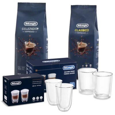 Zestaw szklanek DELONGHI DLSC318 (2 sztuki) + Zestaw szklanek DELONGHI DBWALLLATTE (2 sztuki) + Kawa ziarnista DELONGHI Selezione DLSC617 1 kg + Kawa ziarnista DELONGHI Classico DLSC616 1 kg