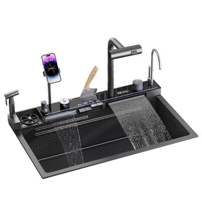 Zlewozmywak jednokomorowy z wodospadem BLIOTE Ultimate Grafitowy 46x75