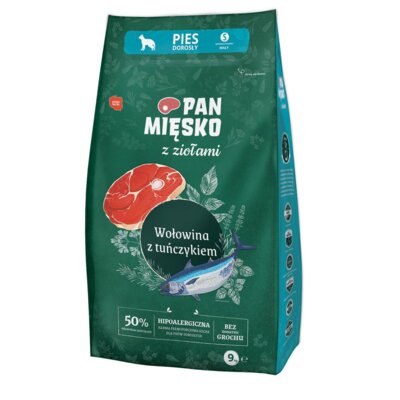 Karma dla psa PAN MIĘSKO Wołowina z tuńczykiem i ziołami S 3 x 9 kg