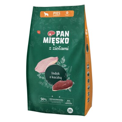 Karma dla psa PAN MIĘSKO Indyk z kaczką i ziołami M 4 x 20 kg
