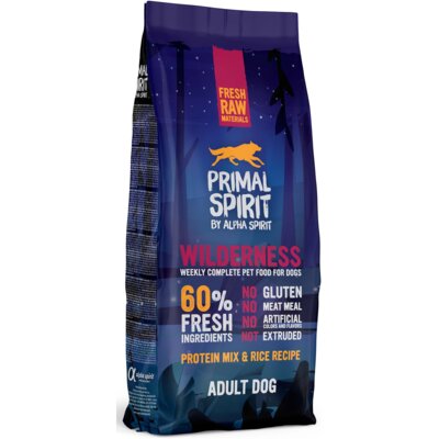 Karma dla psa półwilgotna ALPHA SPIRIT Wilderness Kurczak z wieprzowiną i rybą 12 kg + Szczotka PETIQUE PET01