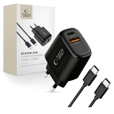 Ładowarka sieciowa TECH-PROTECT NCA45W PD 45W Czarny ładowarka do telefonu USB, USB-C + kabel