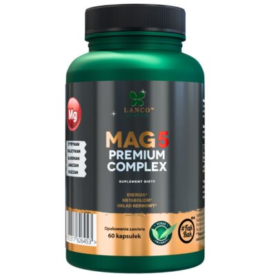 Lanco Nutritions Magnez Mag5 Premium Complex, 5 najlepszych form magnezu, Cytrynian, Diglicynian, Glukonian, Jabłczan, Mleczan, 60 kaps.