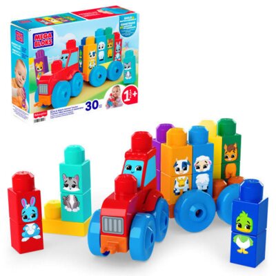Klocki plastikowe MEGA BLOKS Fisher Price Traktor ze zwierzątkami Buduj i dopasowuj JKG33
