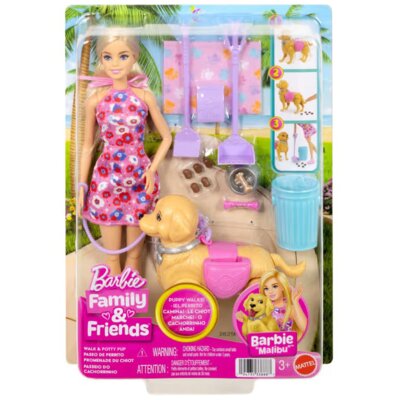 Lalka Barbie Family & Friends Malibu Spacer z pieskiem czyścioszkiem JJB46