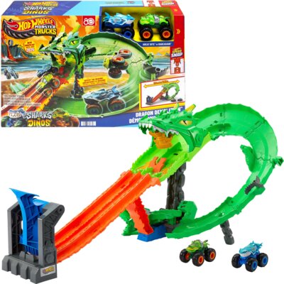 Tor Hot Wheels Monster Truck Rekiny vs Dinozaury Smoczy wyścig JGB06